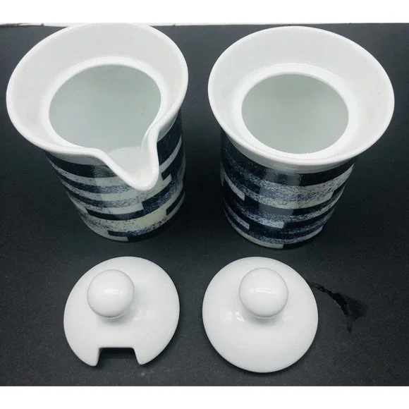DANSK Radia INDIGO Sugar & Creamer With Lids 2 Mugs Cups Blue White Coffee A1 - Picture 7 of 8